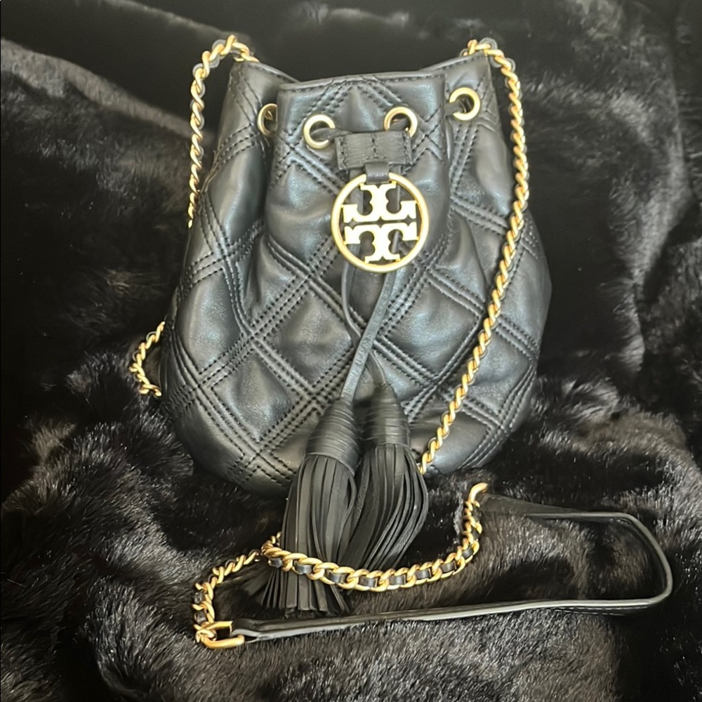 Tory Burch Black Quilted Leather Bucket Bag